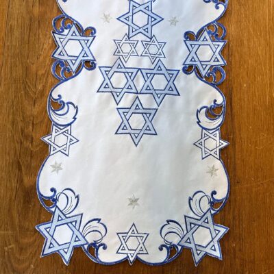 Holiday Star of David Purim Passover Jewish Table Runner Topper Blue Embroidered Cut Work Topper Linen Decorations (16" x 36")