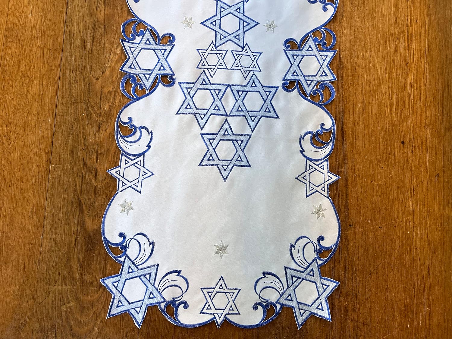 Holiday Star of David Purim Passover Jewish Table Runner Topper Blue Embroidered Cut Work Topper Linen Decorations (16" x 36")