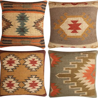 Pack of 4 Indian Handmade Wool Jute Pillow Cover Handwoven 18 x 18 Kilim Pillow Case Decorative Outdoor Throw Pillowcase Cushion Boho Pillow Shams for Home Decor (Designs-12)