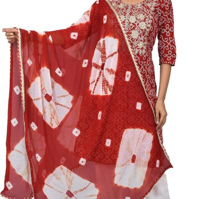 Vrnda Women's Cotton Indian Bandhej Print Straight Kurta Set Yoke Embroidery Kurti With Pant and Dupatta Set Dress