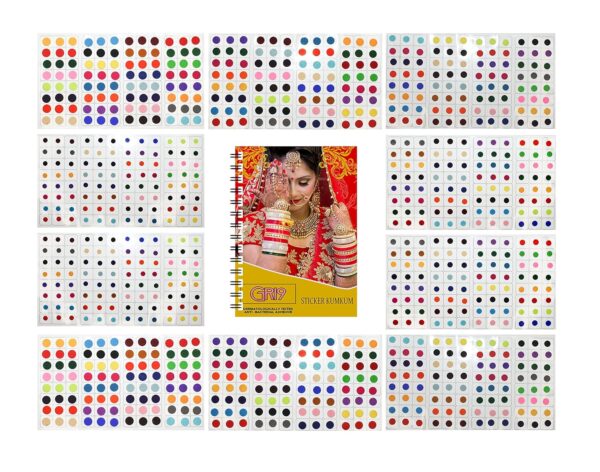 960 Multicolour Bollywood Forehead Stickers Adhesive Body Jewel 10 Page Book of Different Sized Tattoo Bindi Round Dot Circle (960 PC Bindi Book)