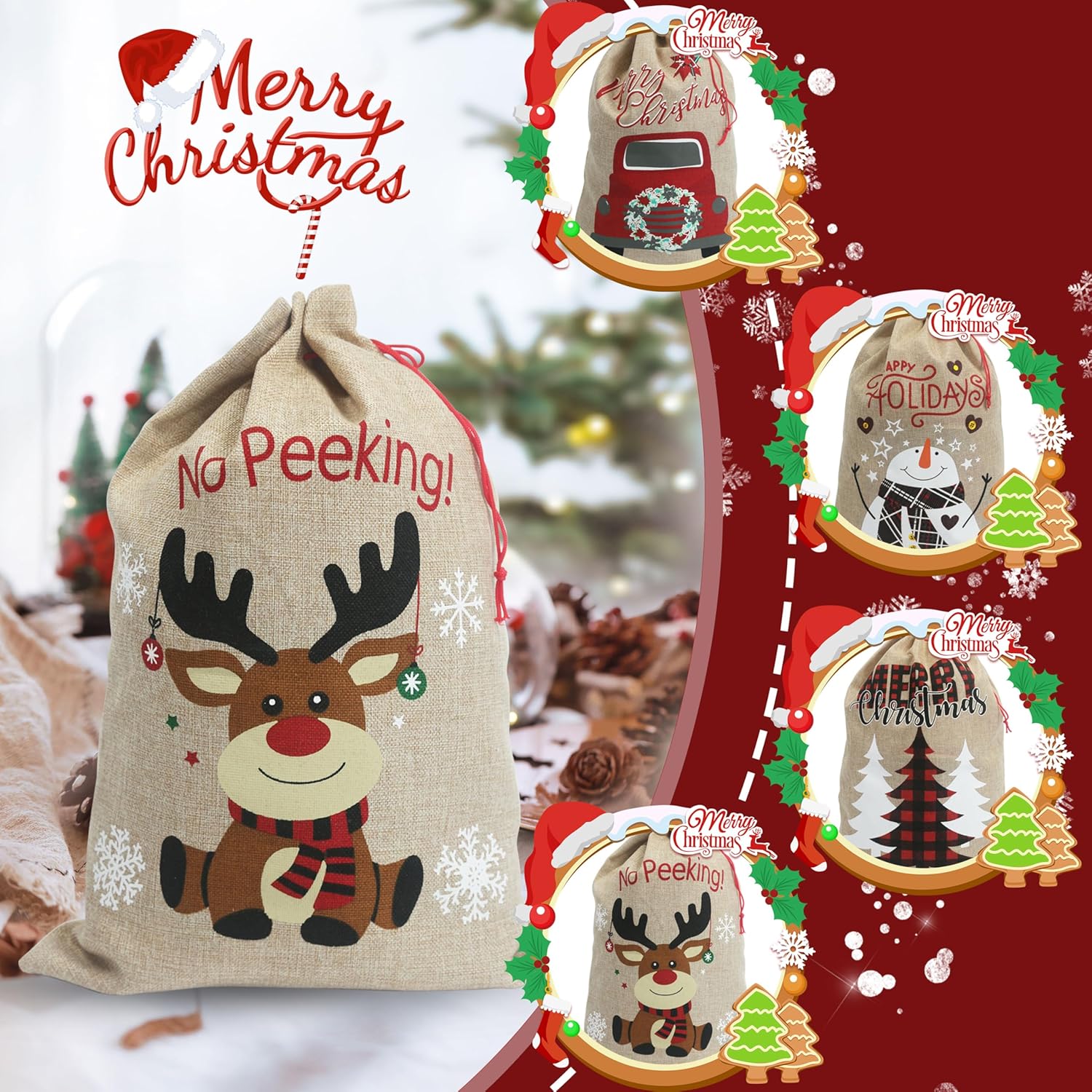 PerFest 13.8'' x 19.7'' Christmas Medium Burlap Sacks – Christmas Hessian Linen Drawstring Goody Gift Bags. 4 Designs : Reindeer, Tree, Car, Snowman. Pack of 4 - Image 2