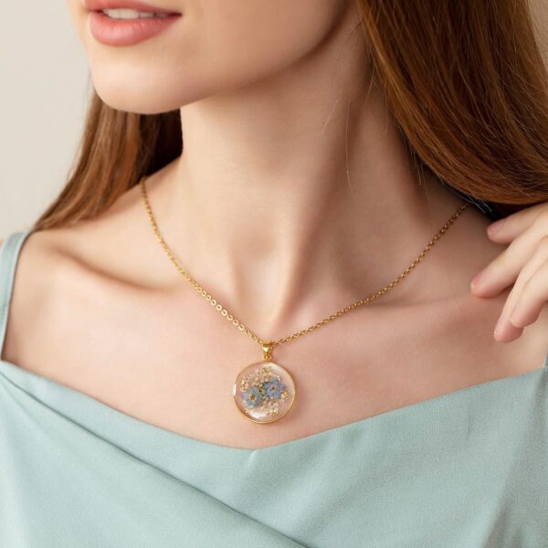 Forget-Me-Not and Queen Anne's Lace Pressed Wildflower Necklace | Gold Pressed Flower Necklace | Personalized Handmade Necklaces for Women | Forget-Me-Not Jewelry | Alaska State Flower Necklace | 18” - Image 3