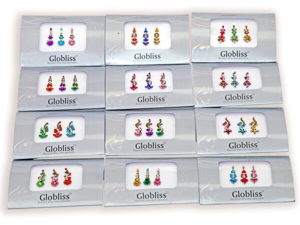 6 Packs with 18 Long Indian Bindis face Gems Forehead Sticker Silver Golden Colorful - Image 3
