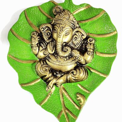Sawcart Lord Ganesh/Ganesha/Ganpati On Paan Patta Leaf Decorative Religious Metal Wall Hanging For Home & Office Entrance Room Decor Feng Shui Vastu Special Housewarming Wedding gift (Green)