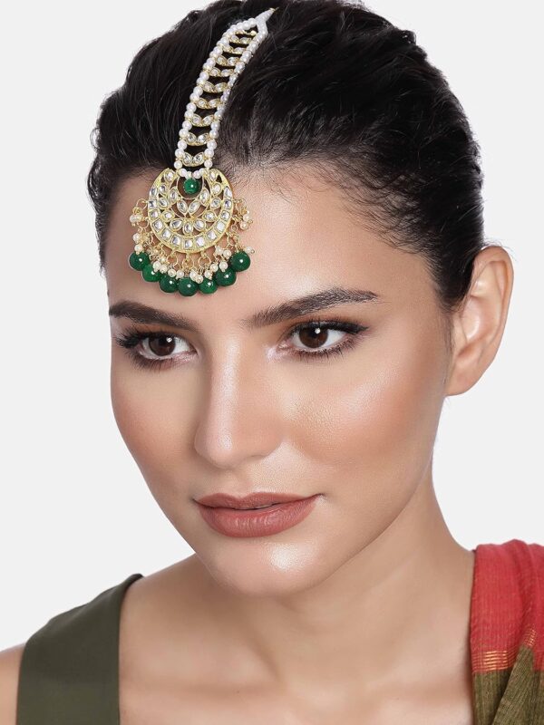 Aheli Faux Kundan Maang Tikka Matha Patti Indian Traditional Bollywood Jewelry for Women Girls (Green) - Image 2
