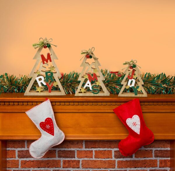 3 Christmas Trees Wooden Table Decorations Centerpiece Block Holiday Cut Out Tree Tiered Tray Wood Tabletop Sign Decor 3 Sizes for Office Dining Room Mantle Home Xmas Wood Party Supplies - Image 4