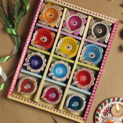 Handmade Terracotta Set of 12 Multicolor Clay Diya for Diwali/Navratri Decorations Oil Lamp Diwali Clay Diya Tea Light Holder Indian Festival Diyas for Pooja & Diwali Decorations | TRBD12M-01