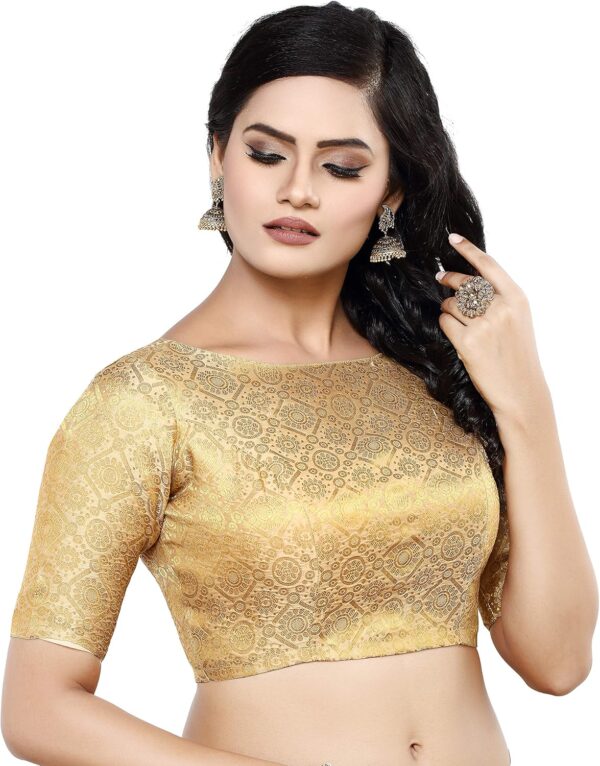 Womens Traditional Rich Banaras Brocade Readymade Saree Blouse - Image 3