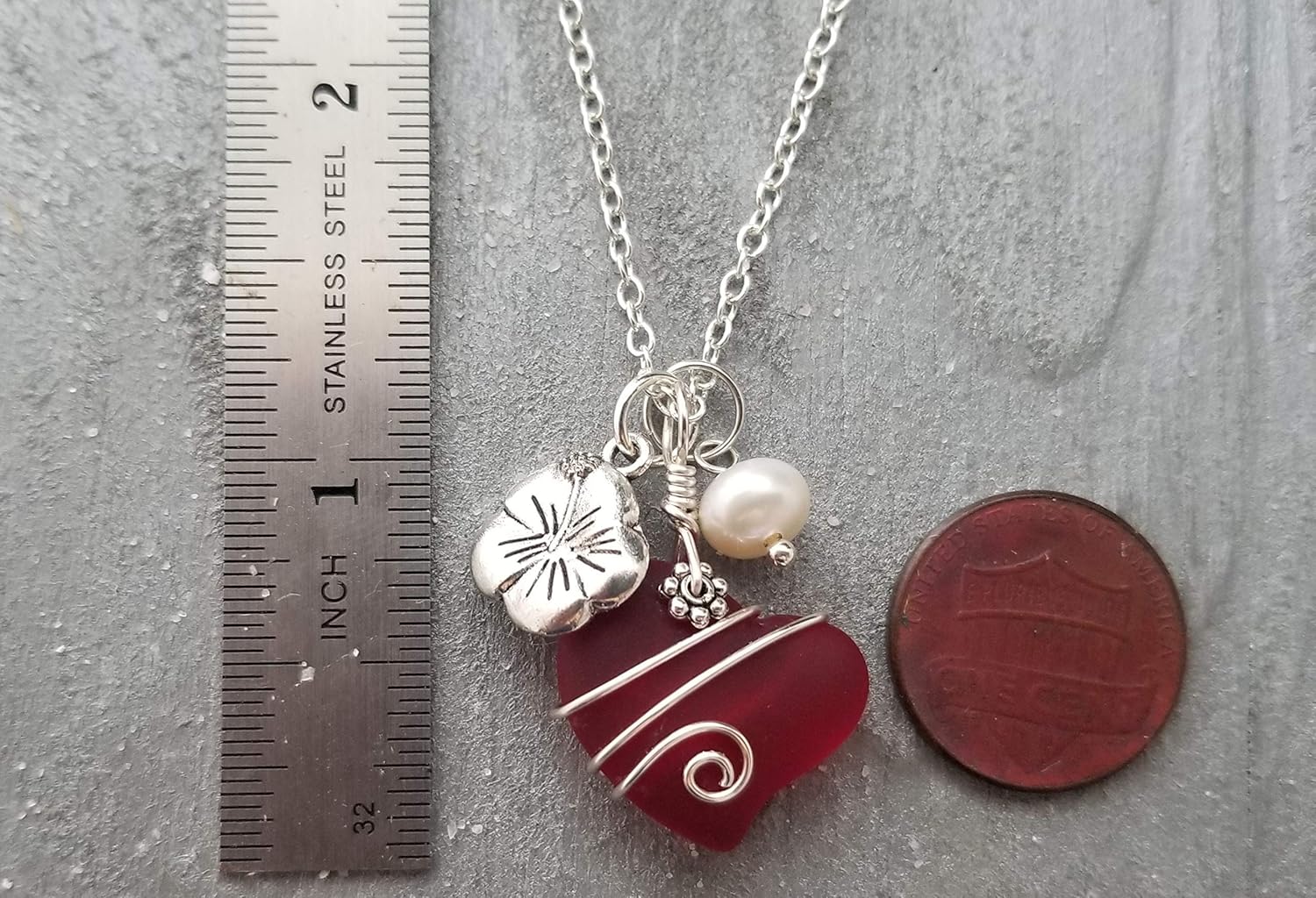 Handmade in Hawaii, Ruby Red Heart Sea Glass wire wrap Necklace, Hibiscus and Natural pearl,"July Birthstone", (Hawaii Gift Wrapped, Customizable Gift Message) (Non-Personalized) - Image 3
