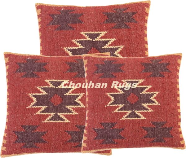 3 PCS Set of Vintage Decor Hand-Loom Design Square Jute Rug Pillow Kilim Cushion Cover 18x18 Beautiful Handmade Jute Rug