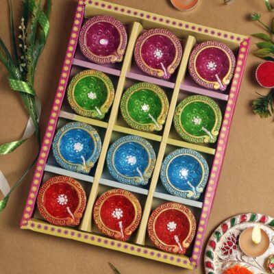 Handmade Leaf Terracoaat Set of 12 Multicolor Clay Diya for Diwali/Navratri Decorations Oil Lamp Diwali Clay Diya Tea Light Holder Indian Decor Festival Gifts Puja Items-DIYA11H04
