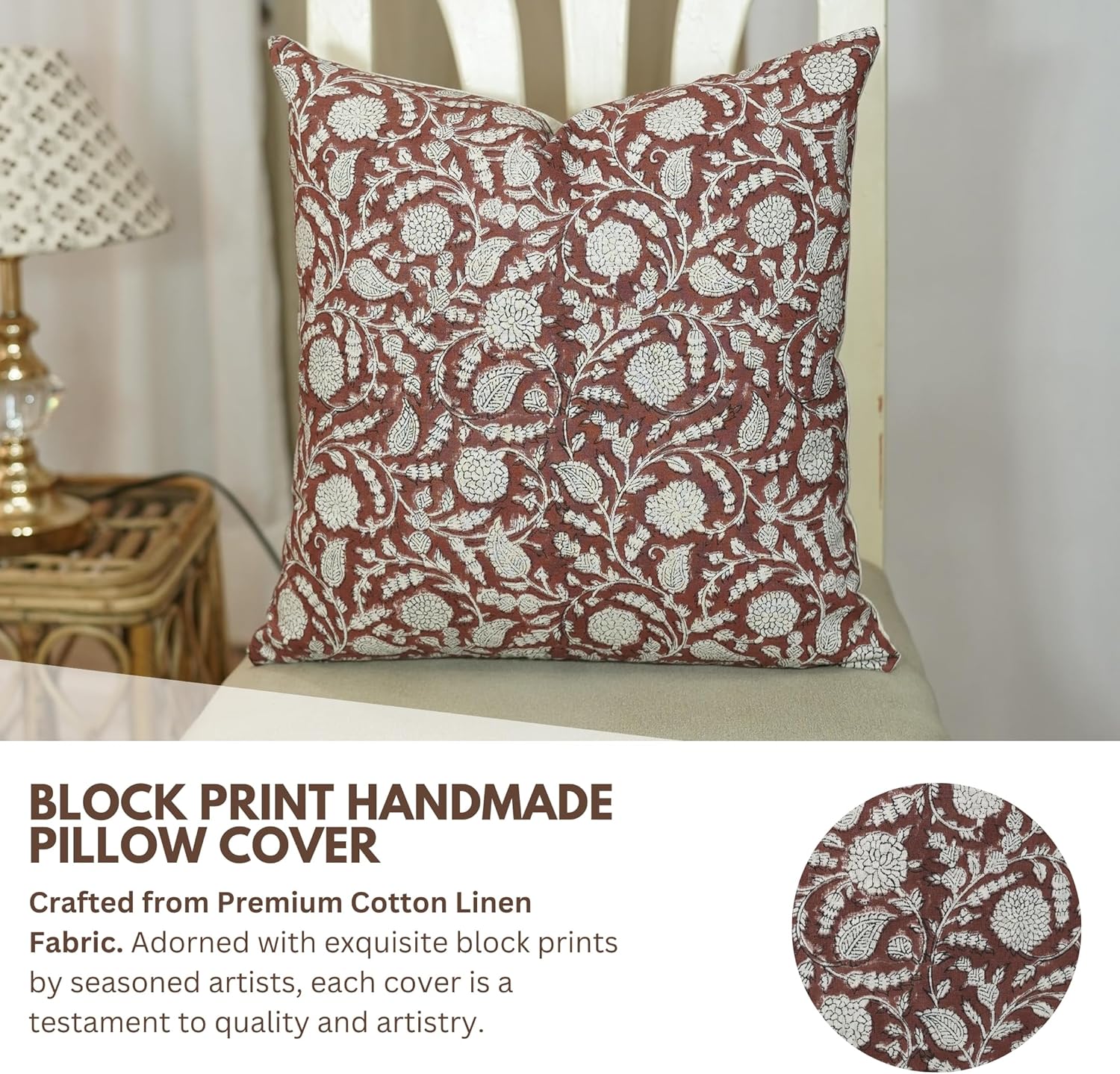 Handmade Block Print 20X20 Inch Cotton Linen Throw Decorative Pillowcase Cushion Cover for Sofa, Couch, Bad and Living Room, Boho Home Decor, Fall Season, Christmas Decoration, Farmhouse, Gopi, Red - Image 2