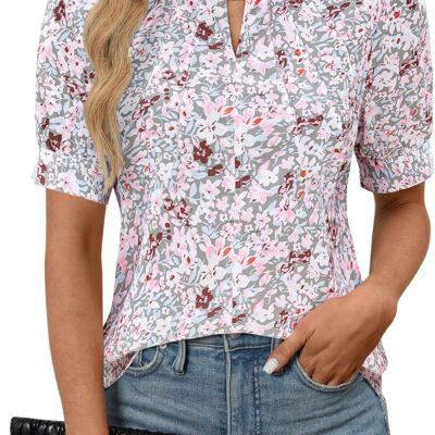 Blooming Jelly Womens Dressy Casual Tops Keyhole Business Work Blouses Pleated Puff Sleeve Summer Shirts