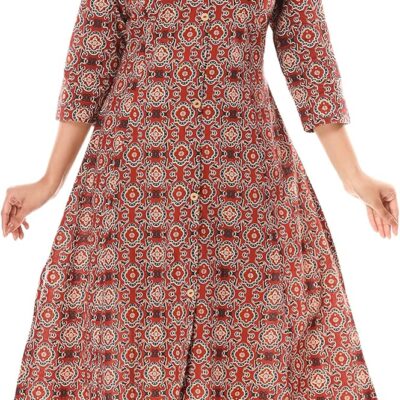 Vihaan Impex Casual Kurta Maroon Sanagneri Print Kurti for Women Long Tunic 3/4 Sleeve