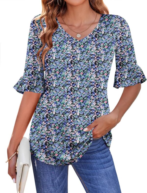Zeagoo Womens Tops Casual V Neck Shirts Floral Solid Blouse Ruffle Tunics 3/4 Sleeve Tshirt S-XXL - Image 2