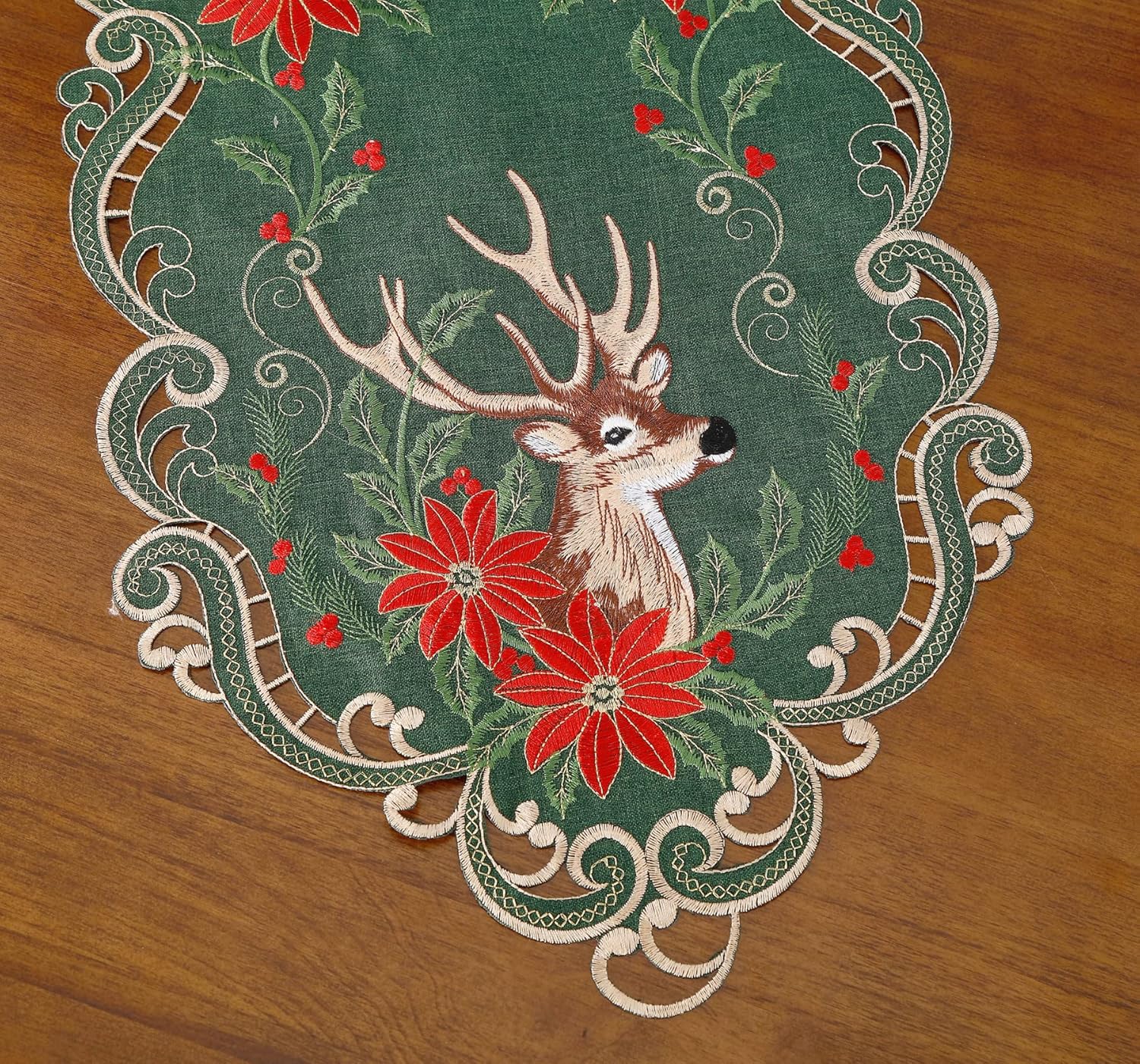 GRANDDECO Christmas Deer Table Runner for Farmhouse Holiday Parties, Embroidered Christmas Flower Table Runner Dresser Scarves Xmas Home Kitchen Dinner Table Decoration 13X54 inches - Image 4