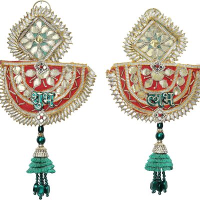Auspicious Fabric Colorful Shubh Labh Toran Bandanwar Door Wall Hanging Wall Toran for Festival New Year Decorations Handcrafted Toran Valance Religious Showpiece for Home Temple Décor(Size:- 9" X 4")