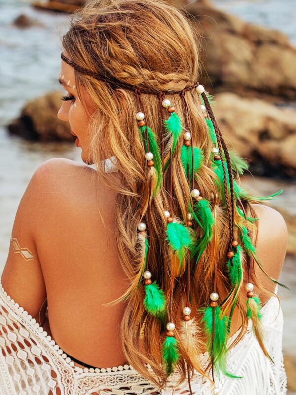 Boho Feather Headbands Green Indian Headband Hippie Feather Headdress Adjustable Long Feather Hair Accessories for Women - Image 4
