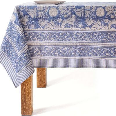 Block Print Tablecloth - 100% Cotton, Rectangle 60x90 Inch, Blue Spring Table Cover, Handmade, Pre-Shrunk, Washable, For Kitchen, Dining, Patio, Indoor & Outdoor, Farmhouse, Housewarming gift