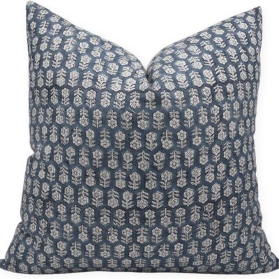 Pure Linen Throw Pillow Cover, Outdoor Pillow with Handloom Print, Sustainable Handmade Cushion Cover with Zipper for Sofa and Couch, Floral Print with Boho Design (Grey,18X18 INCH)