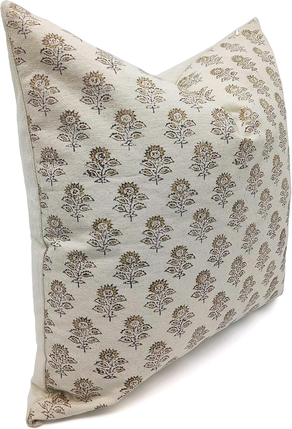 Off White Linen Throw Pillowcase Cover 18X18 Bedroom Pillow Handloom Print, Cushion Cover with Invisiable Zipper for Sofa and Couch, Floral Print with Boho, Bagru Buti, Light Yellow - Image 2