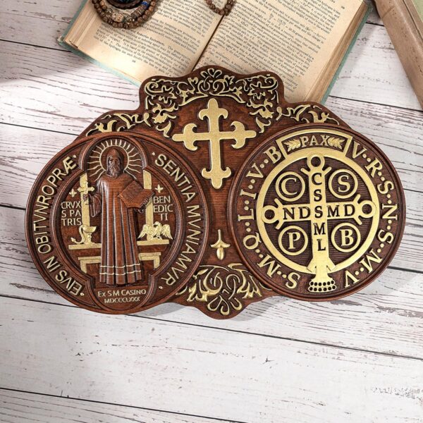 Wooden Saint Benedict Plaque, St Benedict Medal Wall Decor Wall Art, Handmade Wall Hanging Sign, Religious Wall Plaque for Living Room Bedroom Kitchen - 12 Inch - Image 8