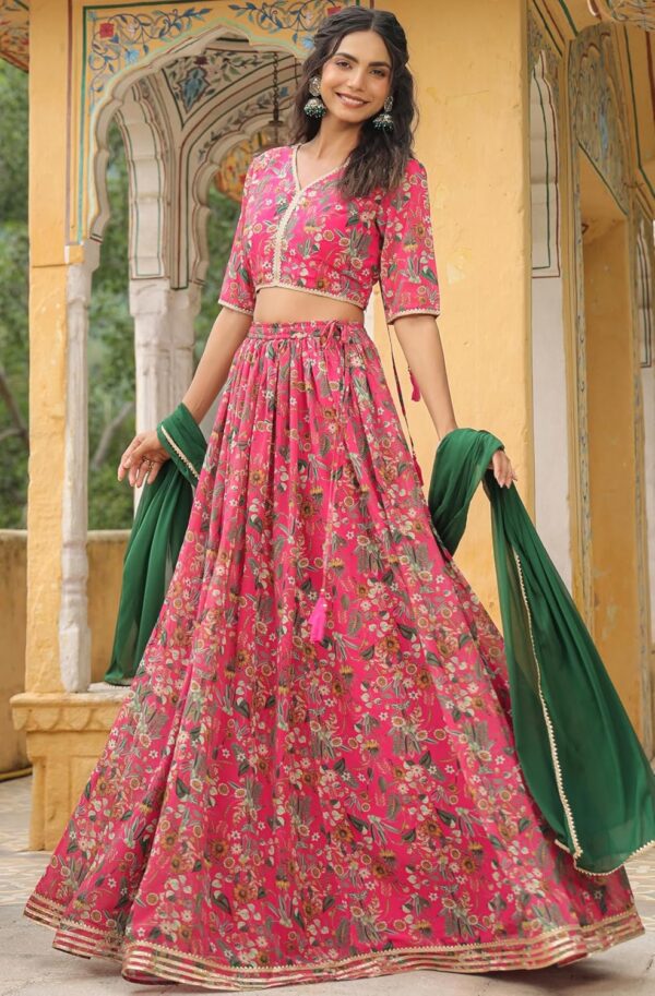 Janasya Indian Women's Pink Georgette Floral Printed Gathered Lehenga Choli Set - Image 4