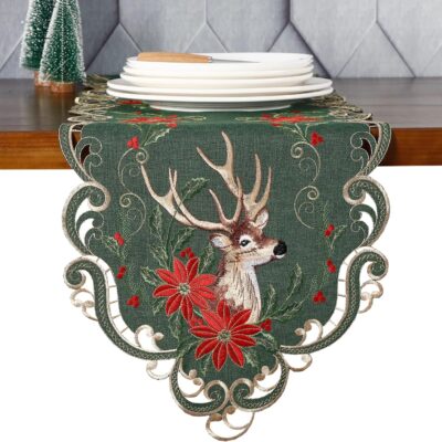 GRANDDECO Christmas Deer Table Runner for Farmhouse Holiday Parties, Embroidered Christmas Flower Table Runner Dresser Scarves Xmas Home Kitchen Dinner Table Decoration 13X54 inches