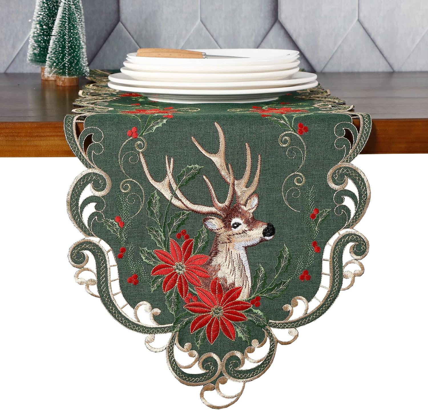 GRANDDECO Christmas Deer Table Runner for Farmhouse Holiday Parties, Embroidered Christmas Flower Table Runner Dresser Scarves Xmas Home Kitchen Dinner Table Decoration 13X54 inches