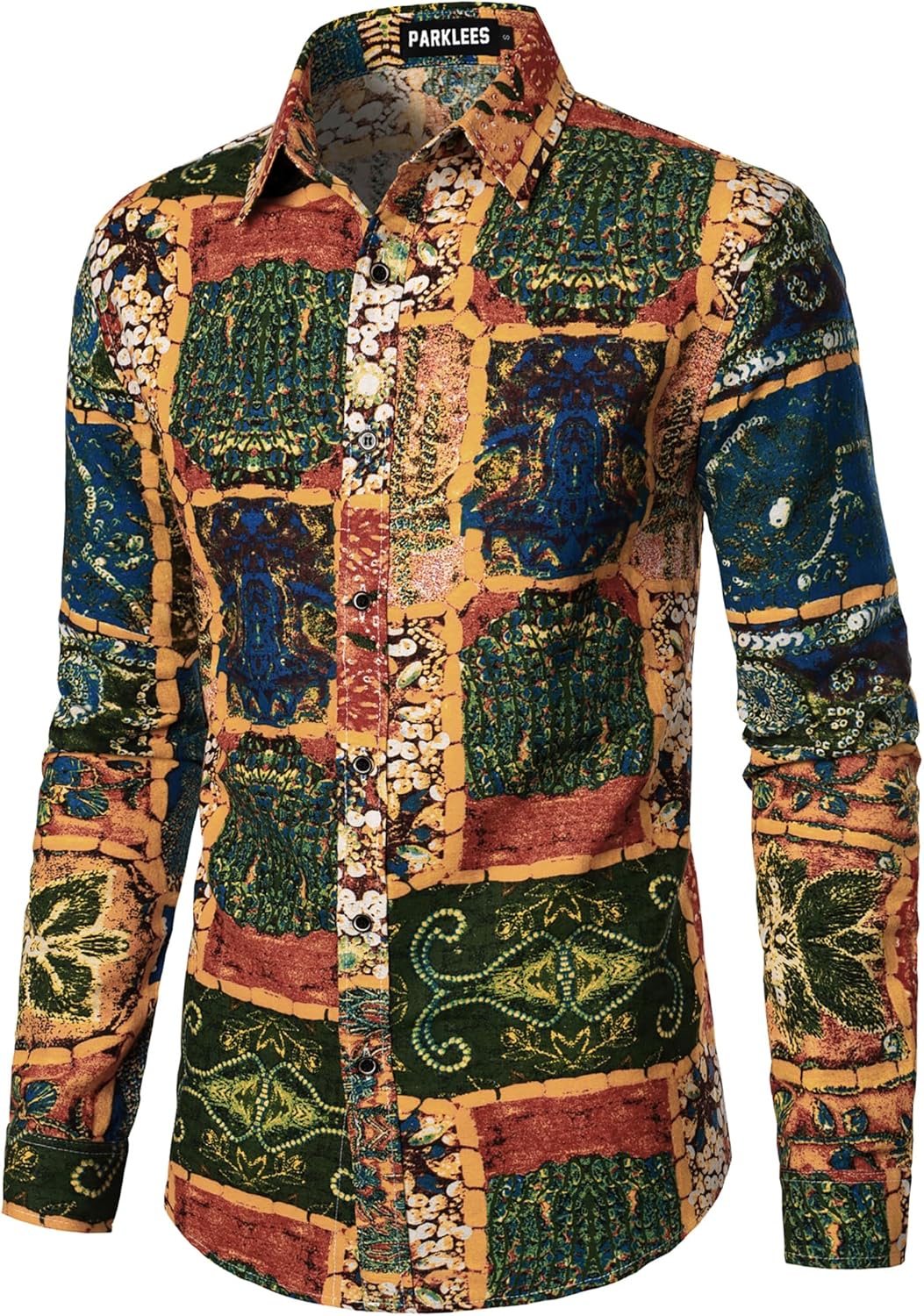 Men's Cotton Linen 70s Disco Retro Traditional Pattern Printed Long Sleeve Button Down Shirt - Image 2