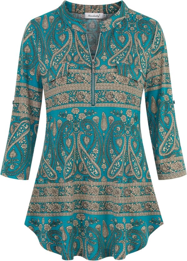 Ninedaily Women's 3/4 Sleeve Plaid Shirts Zip Floral Casual Tunic Blouse Tops - Image 2