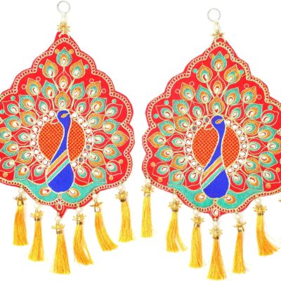 Set of 2 Peacock Hanging Handmade Velvet Cloth Kalash Design Rajasthani Work for Home Latkan Jhumar Toran for Entrance Door Indian Traditional Festival Decoration(Size:-15"X9")(Multicolour)