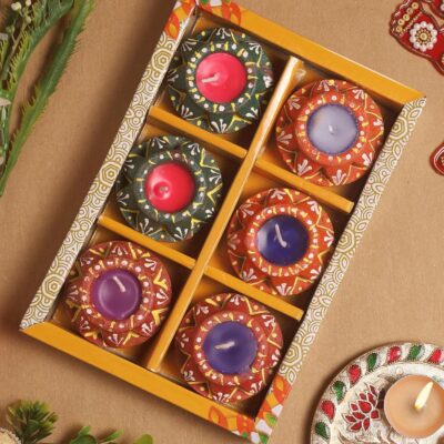 Set of 6 Diwali Wax Matki Diya Decoration Item Gift Terracotta Colorful Handmade Decorative Clay Diya Wax Lamp Diwali Gift Box Navratri Puja Festival Lighting Indian Oil Lamp | MD01TB