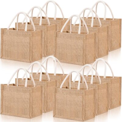 Cunno 12 Pcs Burlap Tote Bags Mini Jute Reusable Bag with Handle Small Blank Canvas DIY Gift Bag Waterproof for Wedding Beach