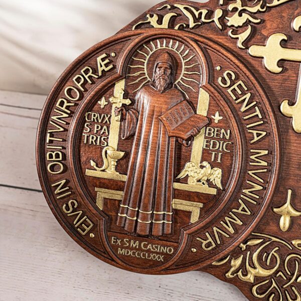 Wooden Saint Benedict Plaque, St Benedict Medal Wall Decor Wall Art, Handmade Wall Hanging Sign, Religious Wall Plaque for Living Room Bedroom Kitchen - 12 Inch - Image 4