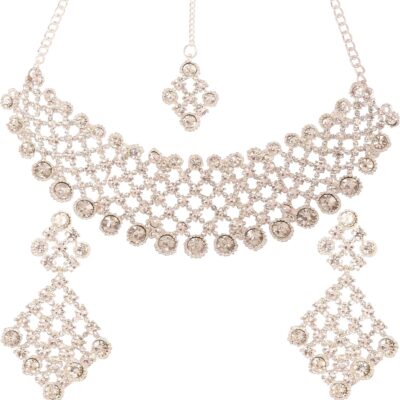 Touchstone Indian Hollywood Fashion Handcrafted Rhinestone Designer Jewelry Necklace Set in Gold Or White Tone for Women.