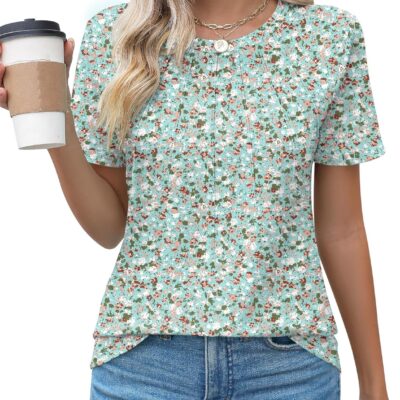 Kistore Womens Casual Crew Neck Short Sleeve Pleated Tops Blouses Fashion Clothes 2024