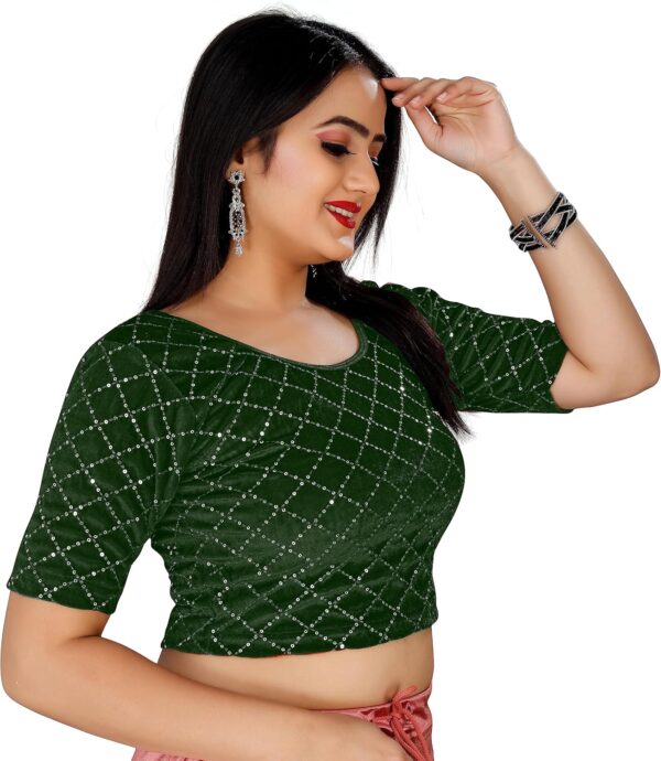 KNETLI Velvet Readymade Blouse- Round Neck, Stretchable, Half Sleeve, Embroidery checks desing - Image 5