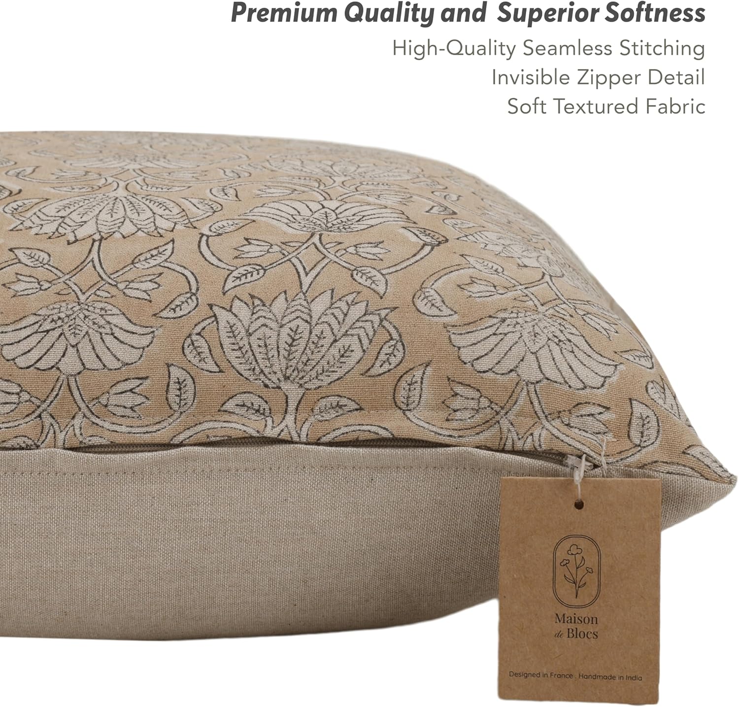 Handmade Block Print 100% Thick Cotton 20" x 20" Accent Throw Cushion Cover with Zipper-Pillowcase for Bedroom, Living Room, Outdoor, Couch, Sofa, Chair, Bed, Patio, Home Décor- Elsa (Dust Pink) - Image 3