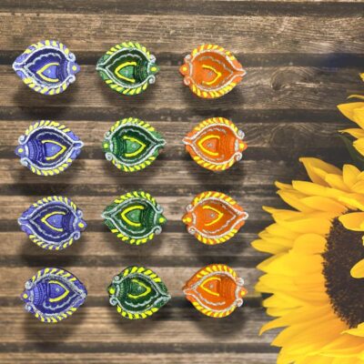 Leaf Shaped Multi-Color Clay Diya *Handmade Decorated Fancy* Pack of 12 Diwali Decor Home Decoration Diwali Lights Indian Oil Lamps