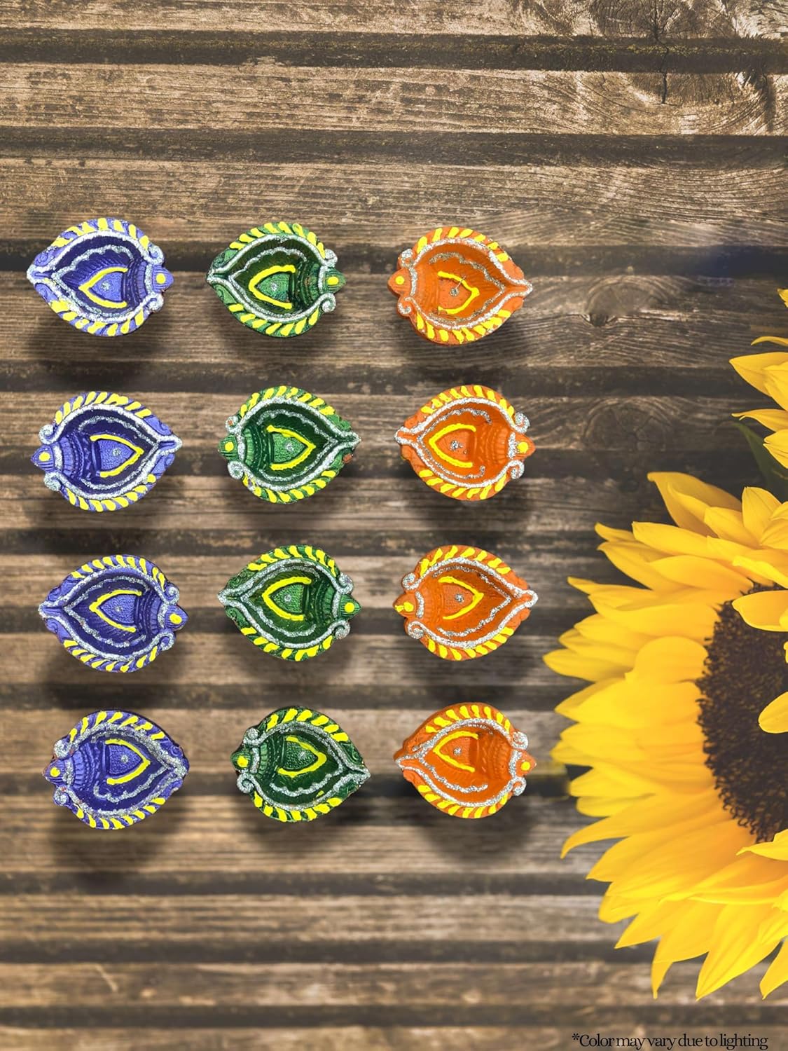 Leaf Shaped Multi-Color Clay Diya *Handmade Decorated Fancy* Pack of 12 Diwali Decor Home Decoration Diwali Lights Indian Oil Lamps