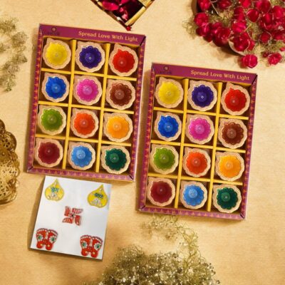 SATVIK 24 Pc Multicolor Clay Diya with Laxmi Charan Stickers Terracotta Dia Traditional Puja Vilakku Oil Lamp Natural Mitti Diya Diwali Navratri Pooja Décorations Indian Housewarming Return Gift Item