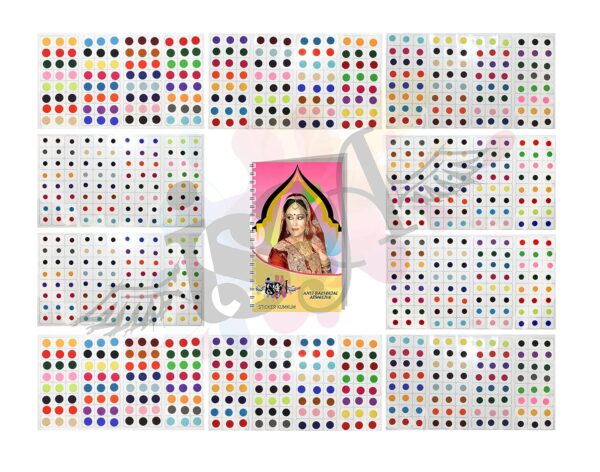 IS4A 960 Multicolored Bollywood Forehead Stickers Adhesive Body Jewelry 10 Page Book of Different Sized Tattoo Bindi Round Dot (Multi-color)