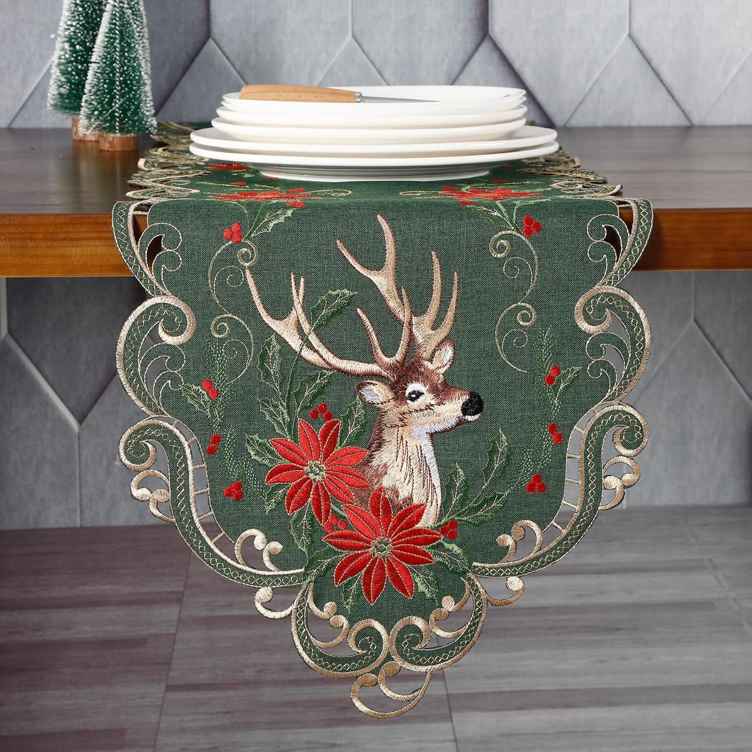 GRANDDECO Christmas Deer Table Runner for Farmhouse Holiday Parties, Embroidered Christmas Flower Table Runner Dresser Scarves Xmas Home Kitchen Dinner Table Decoration 13X54 inches - Image 6