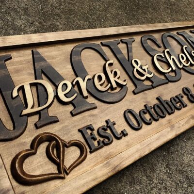 Personalized Wedding Gift Last Name Established Sign Family Name Signs Custom Wood Sign Carved Wood Decor 3D Hearts Couples Sign 5 Year Anniversary Gift