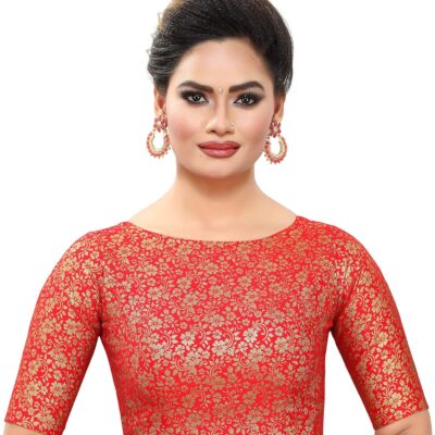 Women's Brocade Readymade Saree Blouse With Boat Neck And Elbow Length Sleeves