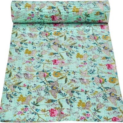 Marubhumi Indian Handmade Vintage Kantha Paradise Quilt, Reversible Kantha Quilt, Mint - Queen 90 x 108 Inches