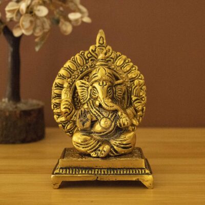 Oxidised Finished Sinhasan Ganesha Brass God Idol Statue Showpiece for Home Office Figurine Religious Pooja | Puja Items Gift Living Room Decoration Home Décor, 6 X 9, Gold