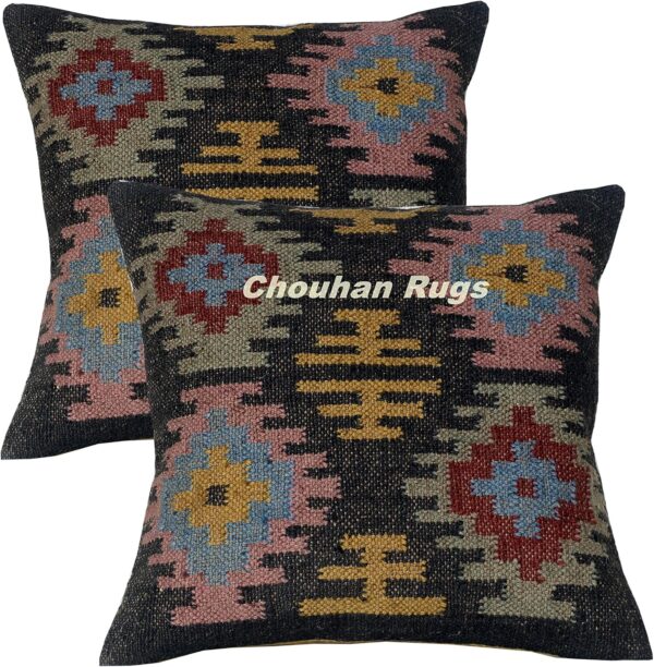 2 PCS Set of Indian Kilim Jute Cushion Cover 18x18 Vintage Ethnic Handmade Art Rug Pillows Case Hand-Loom Cushion Covers